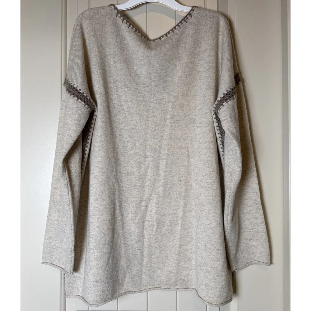 Johnny Was 100% Cashmere V-Neck Sweater Oatmeal Whipstitch Women's Medium Boho